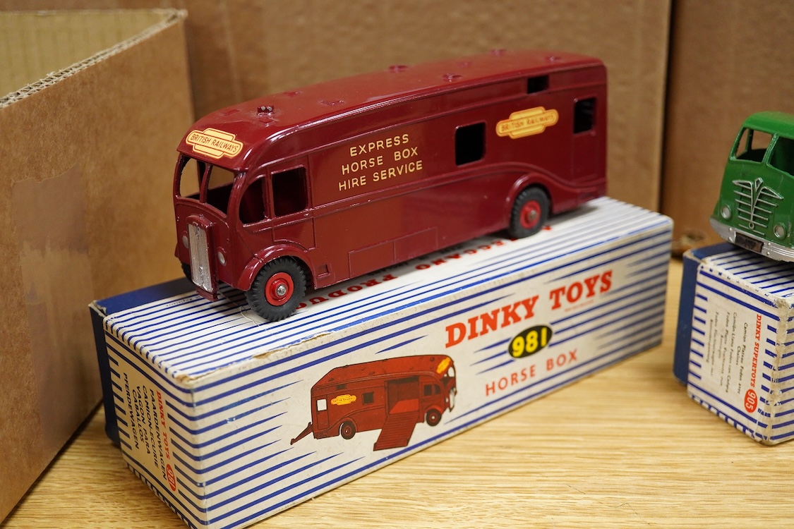 Three boxed Dinky Toys and Supertoys; a Foden FG with chains in green (905), Horse Box in BR livery (981), and a 20-ton Lorry-Mounted Coles Crane (972)